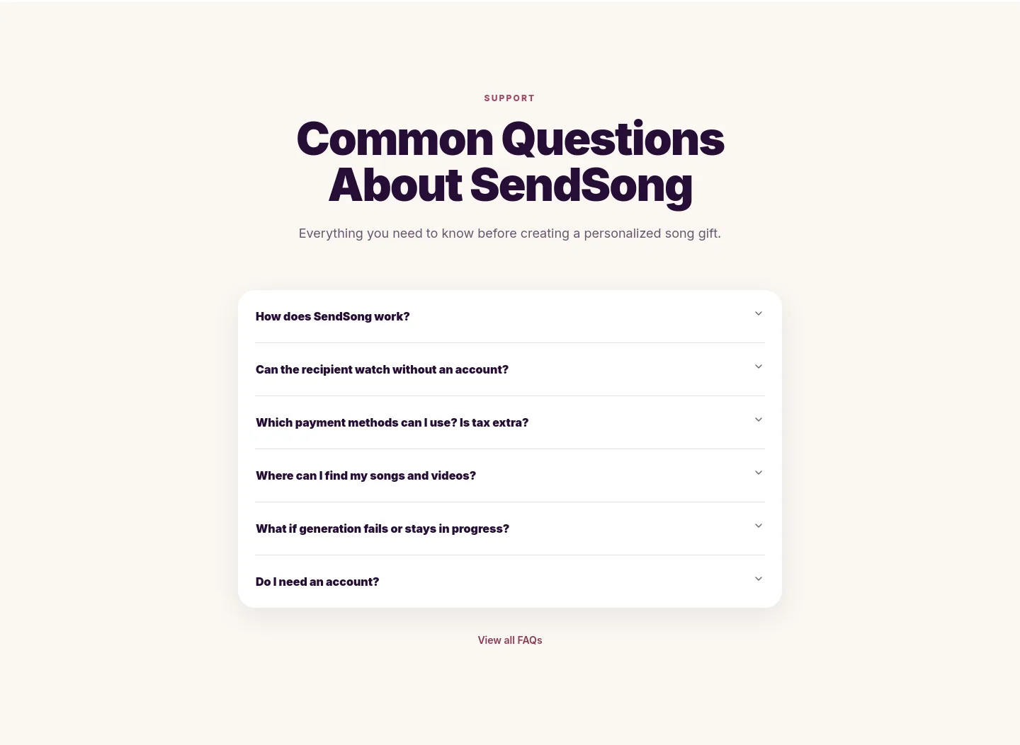 sendsong.org — a real FAQ section