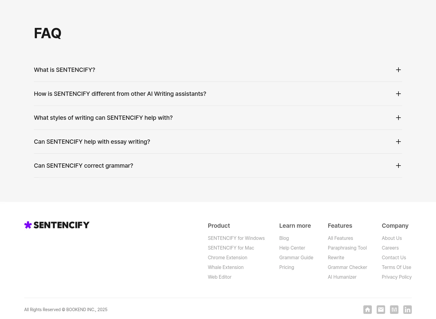sentencify.ai — a real FAQ section