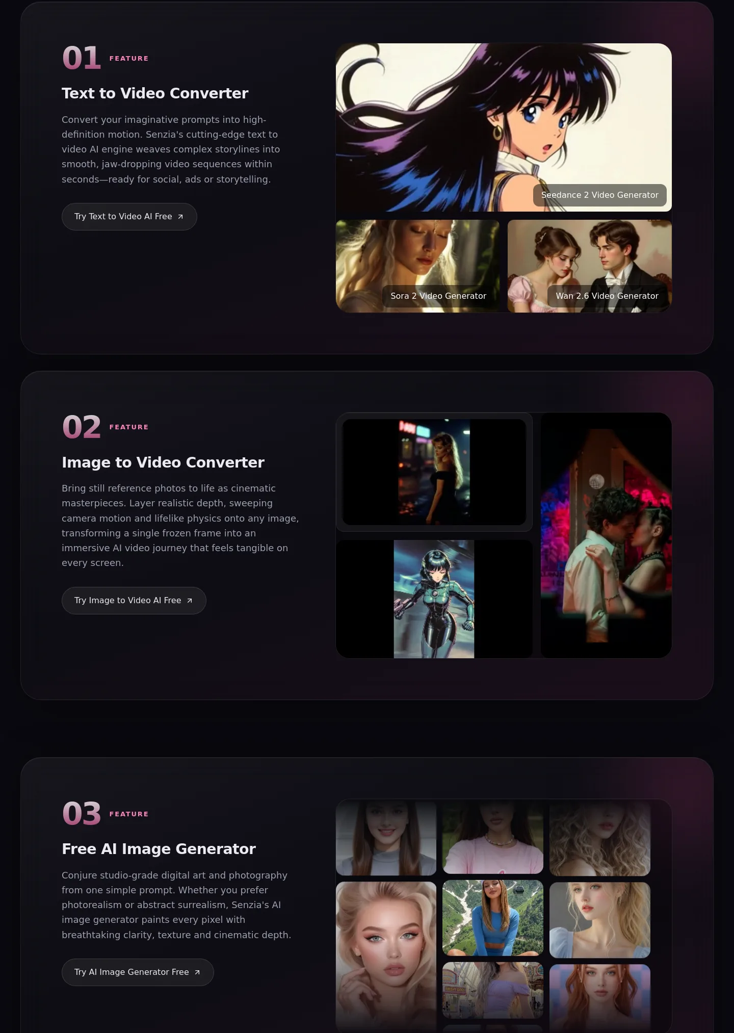 senzia.cc — a real Features section
