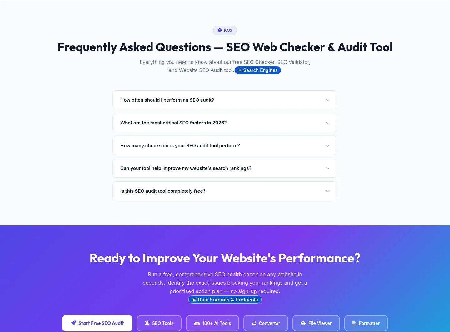 seowebchecker.com — a real FAQ section
