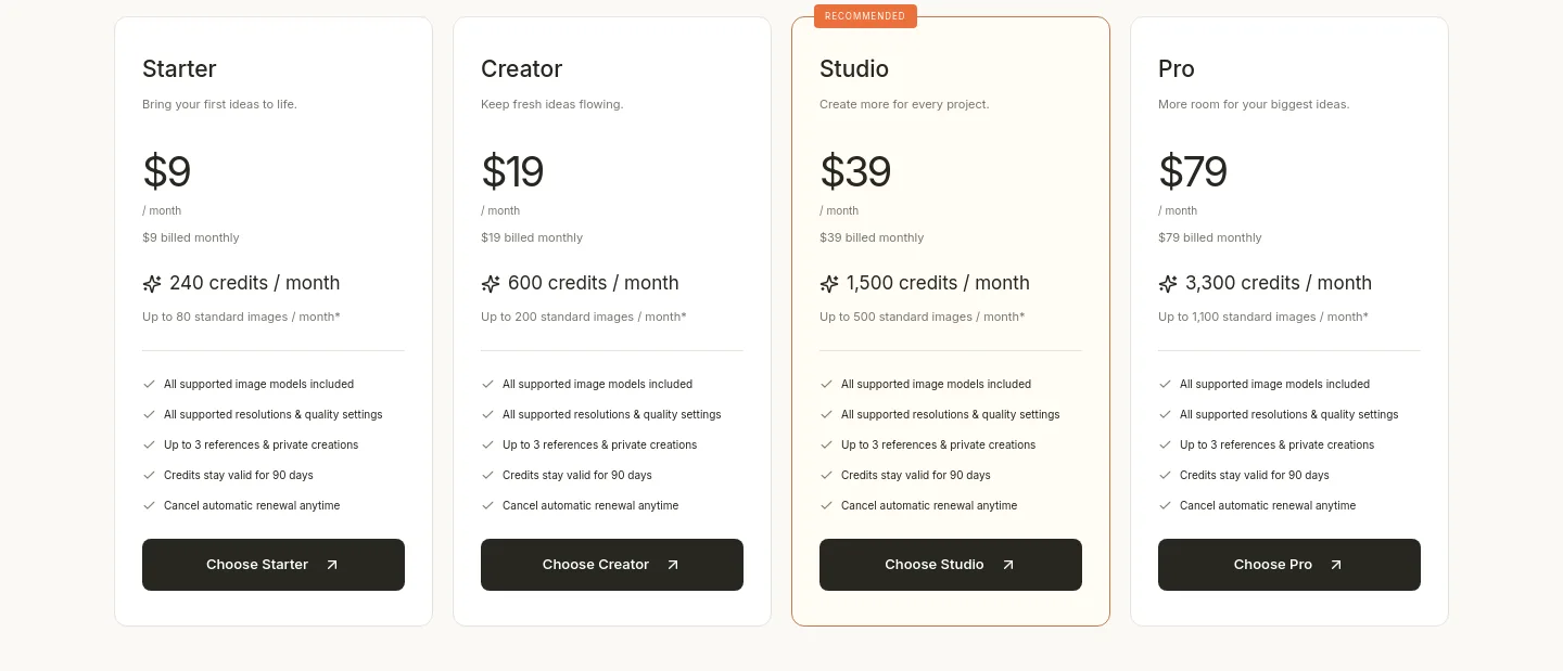 shimmerpic.com — a real Pricing section