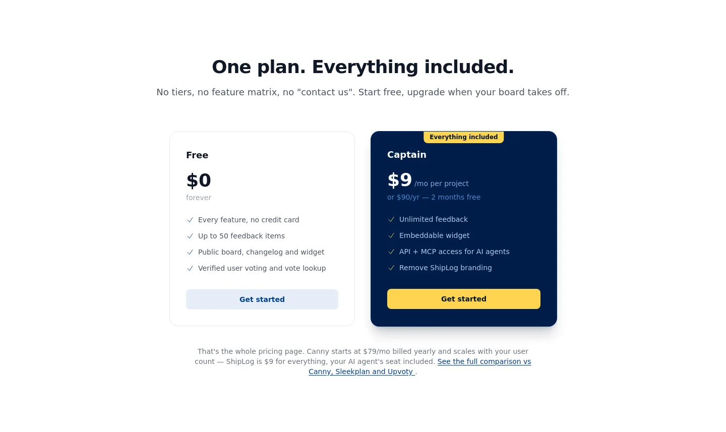 shiplog.ca Pricing section