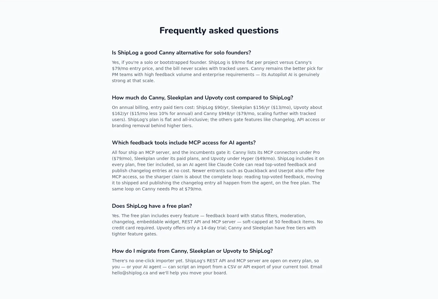 shiplog.ca FAQ section