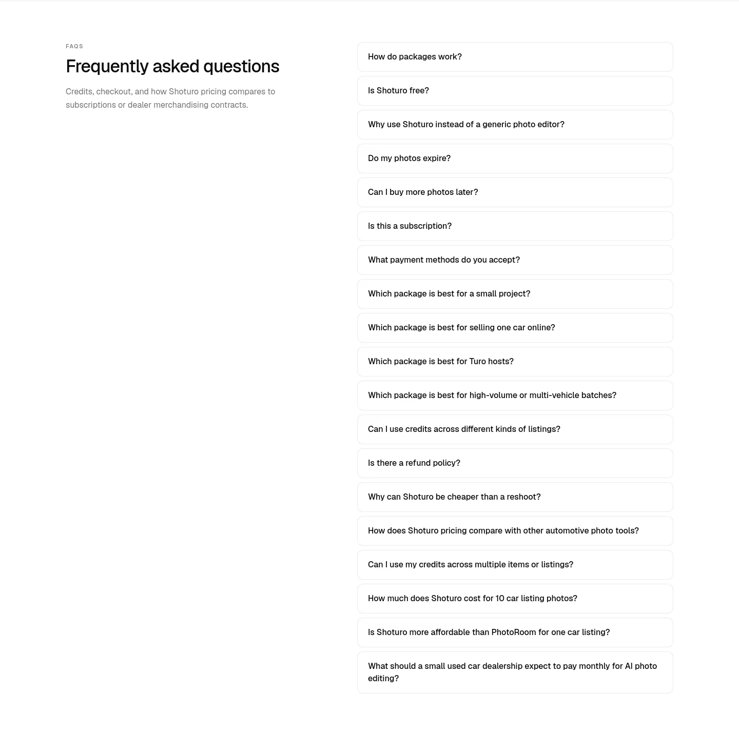 shoturo.com FAQ section