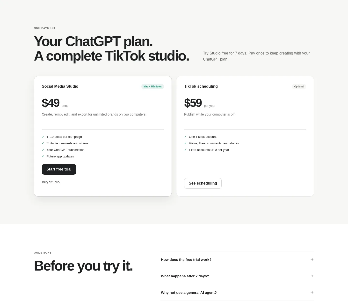 socialmediastudio.app — a real Pricing section