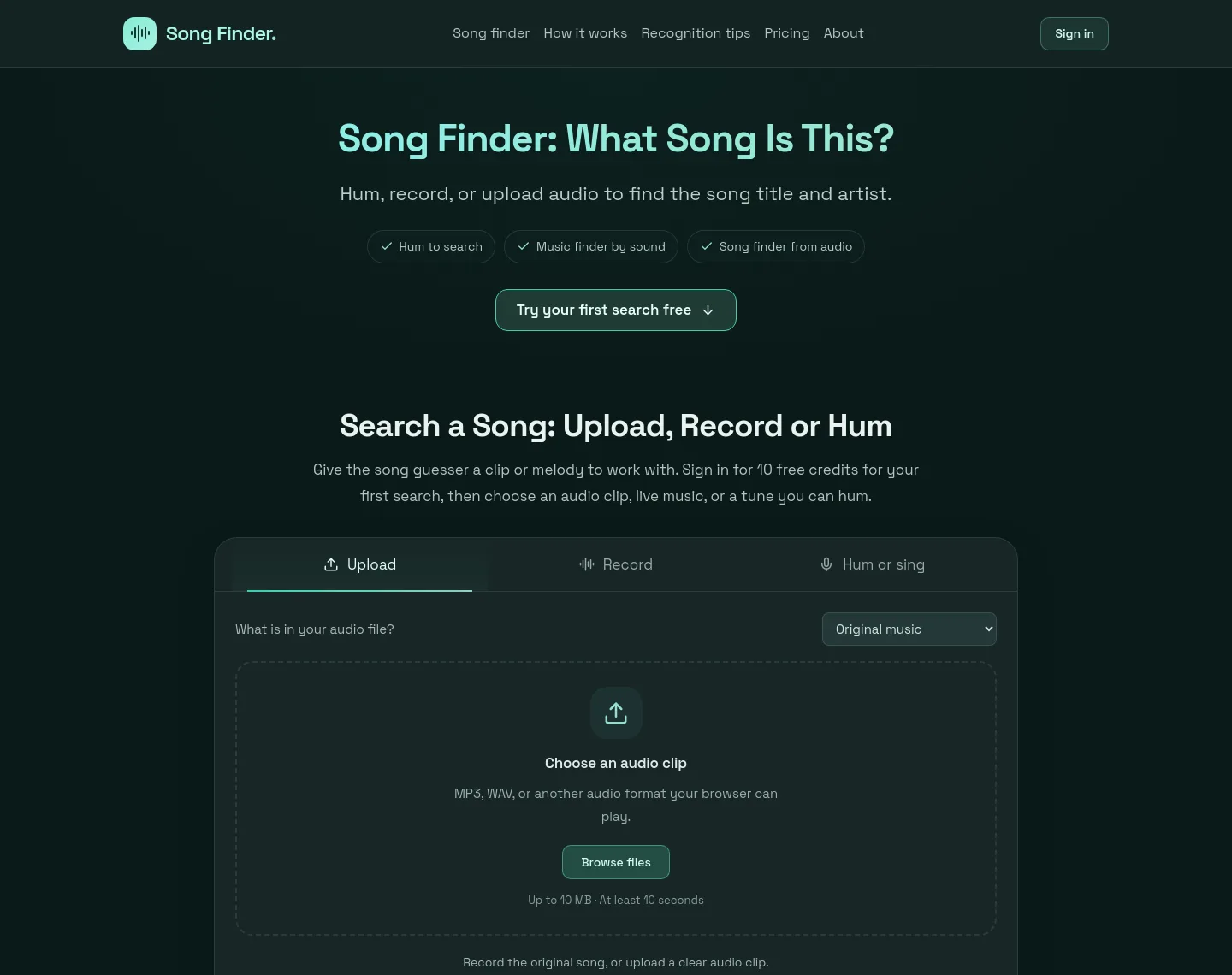 songfinder.art — Hero + Pricing