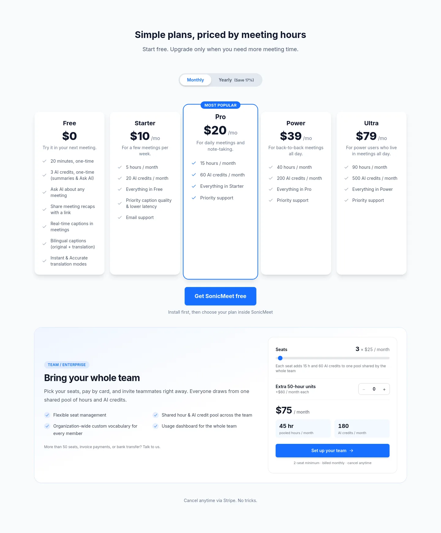 sonicmeet.app Pricing section