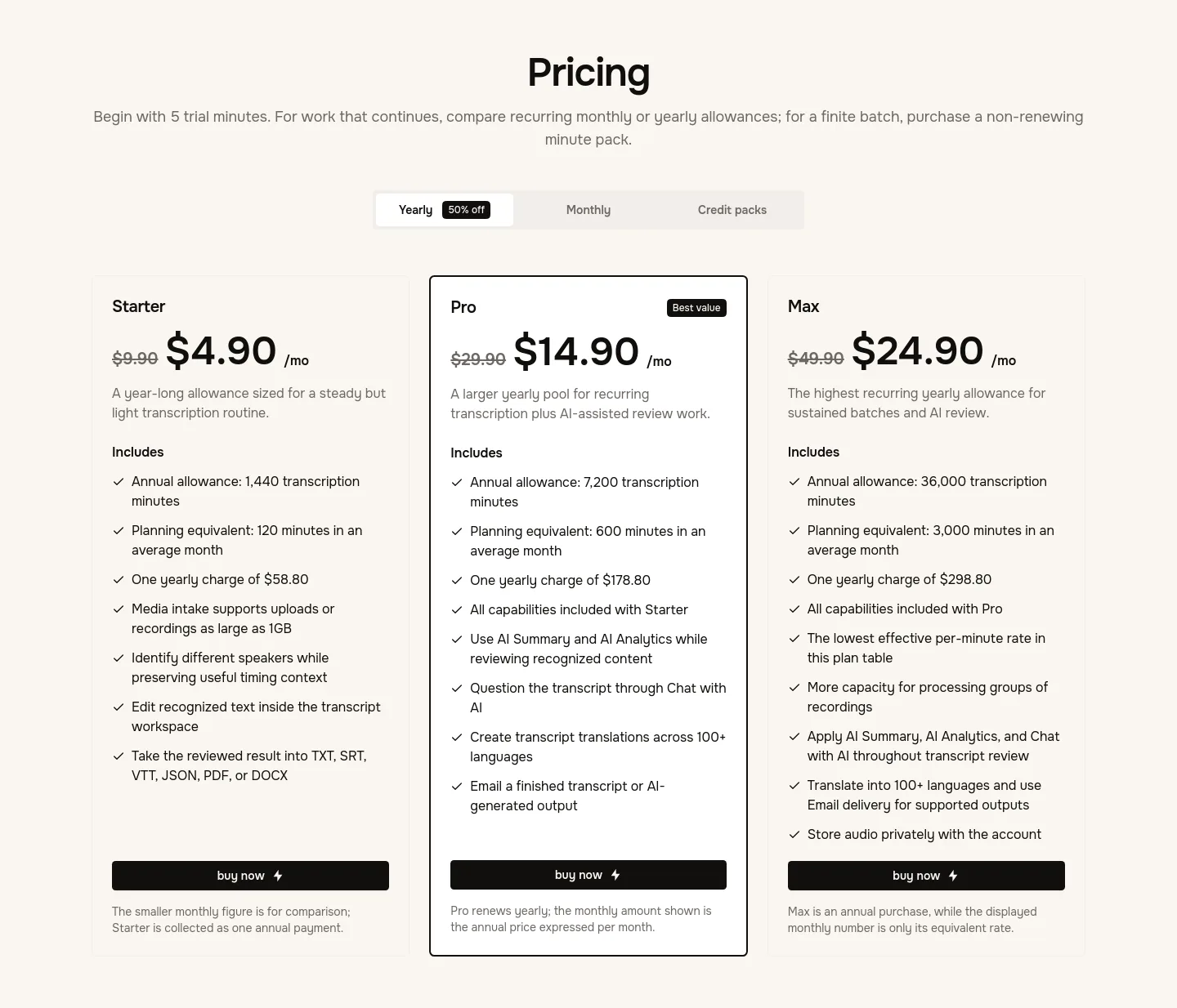 speechnotes.org Pricing section