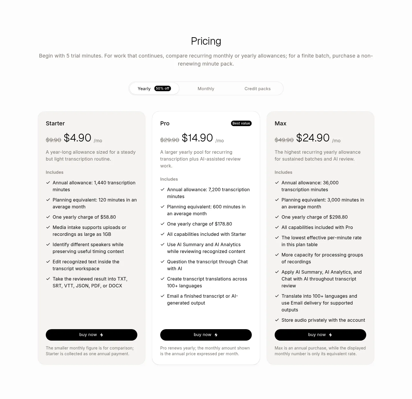 speechnotes.org — a real Pricing section