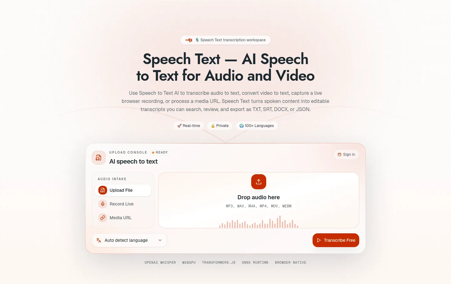 speechtext.co — a real Hero section