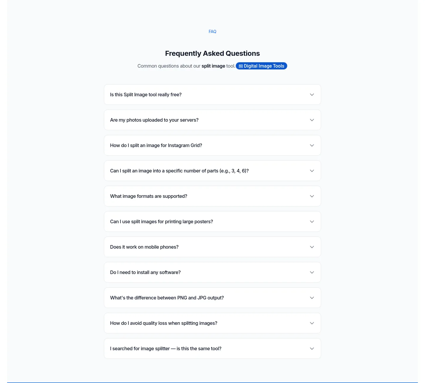 splitimage.im — a real FAQ section