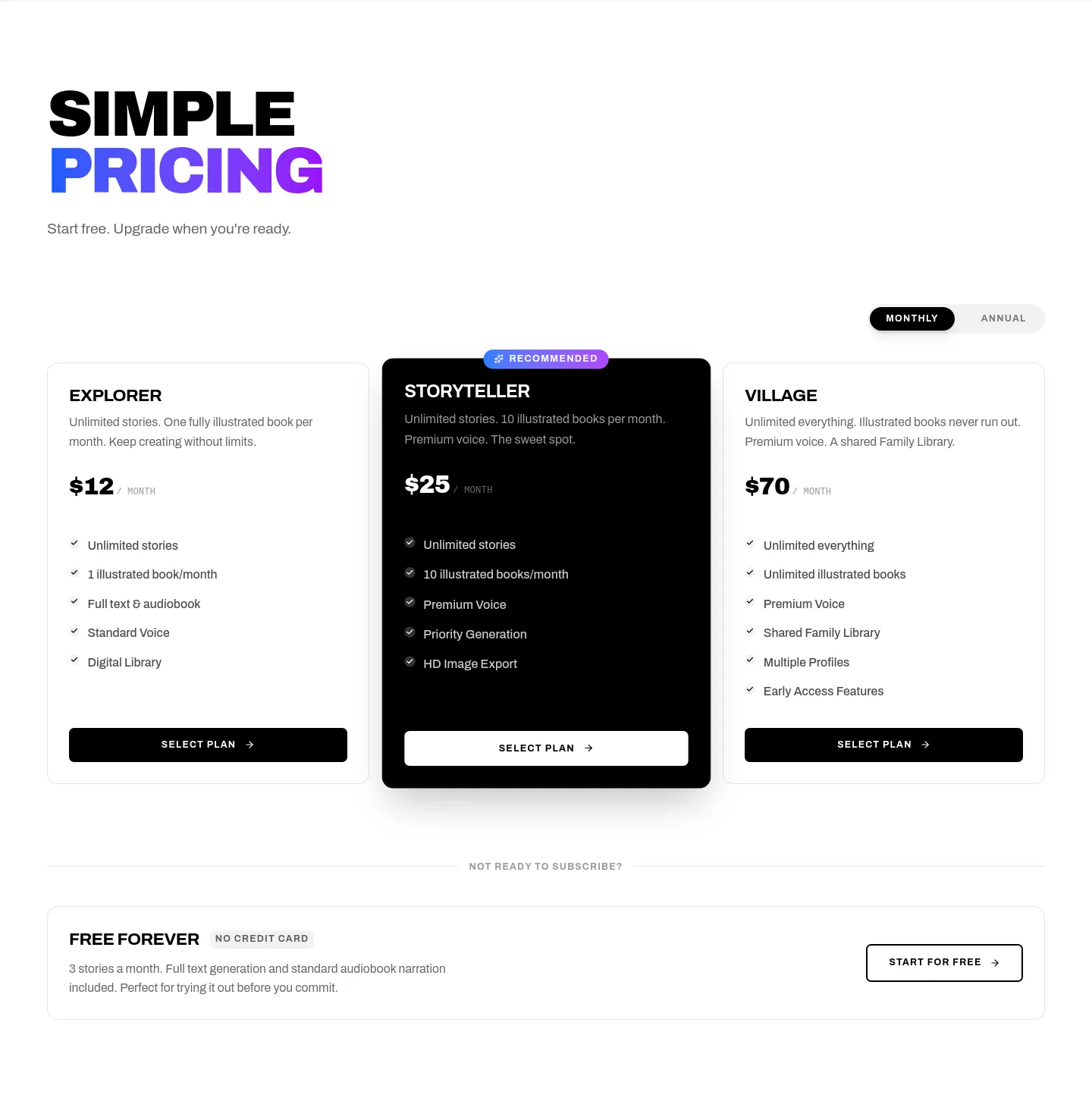 storybound.kids — a real Pricing section