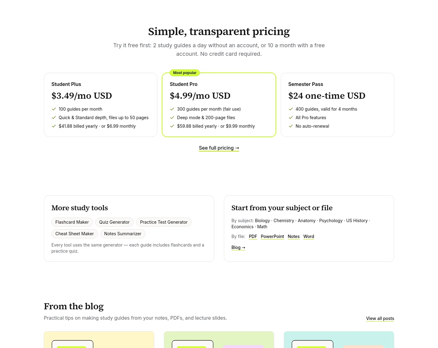 studyguidemaker.net Pricing section