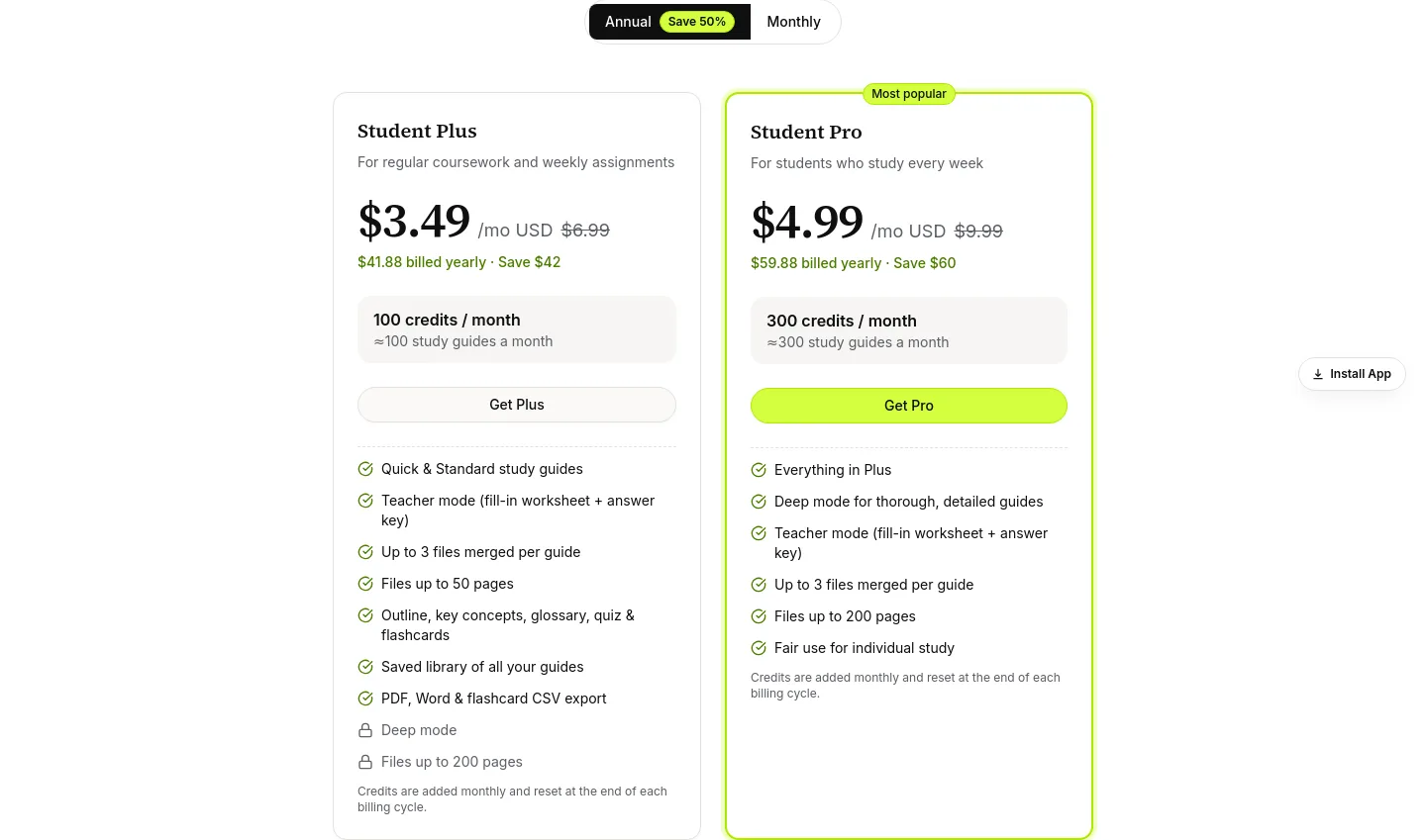 studyguidemaker.net Pricing section
