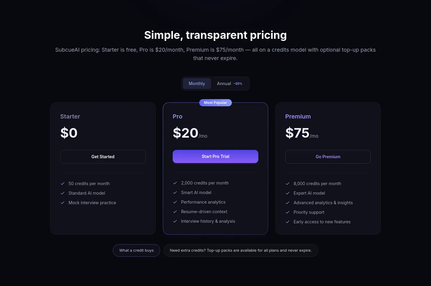 subcue.ai Pricing section