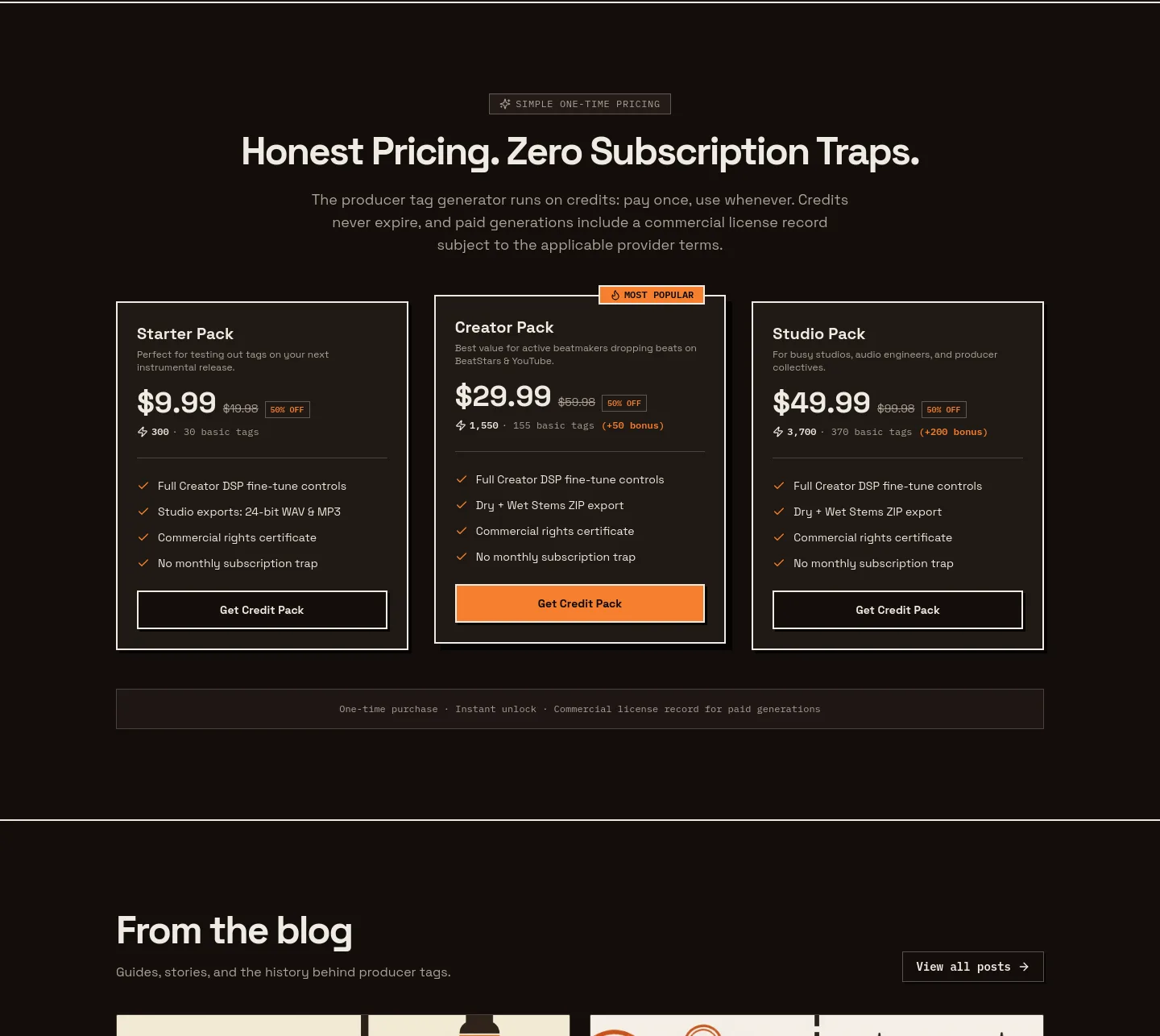 tagyourbeat.com — a real Pricing section