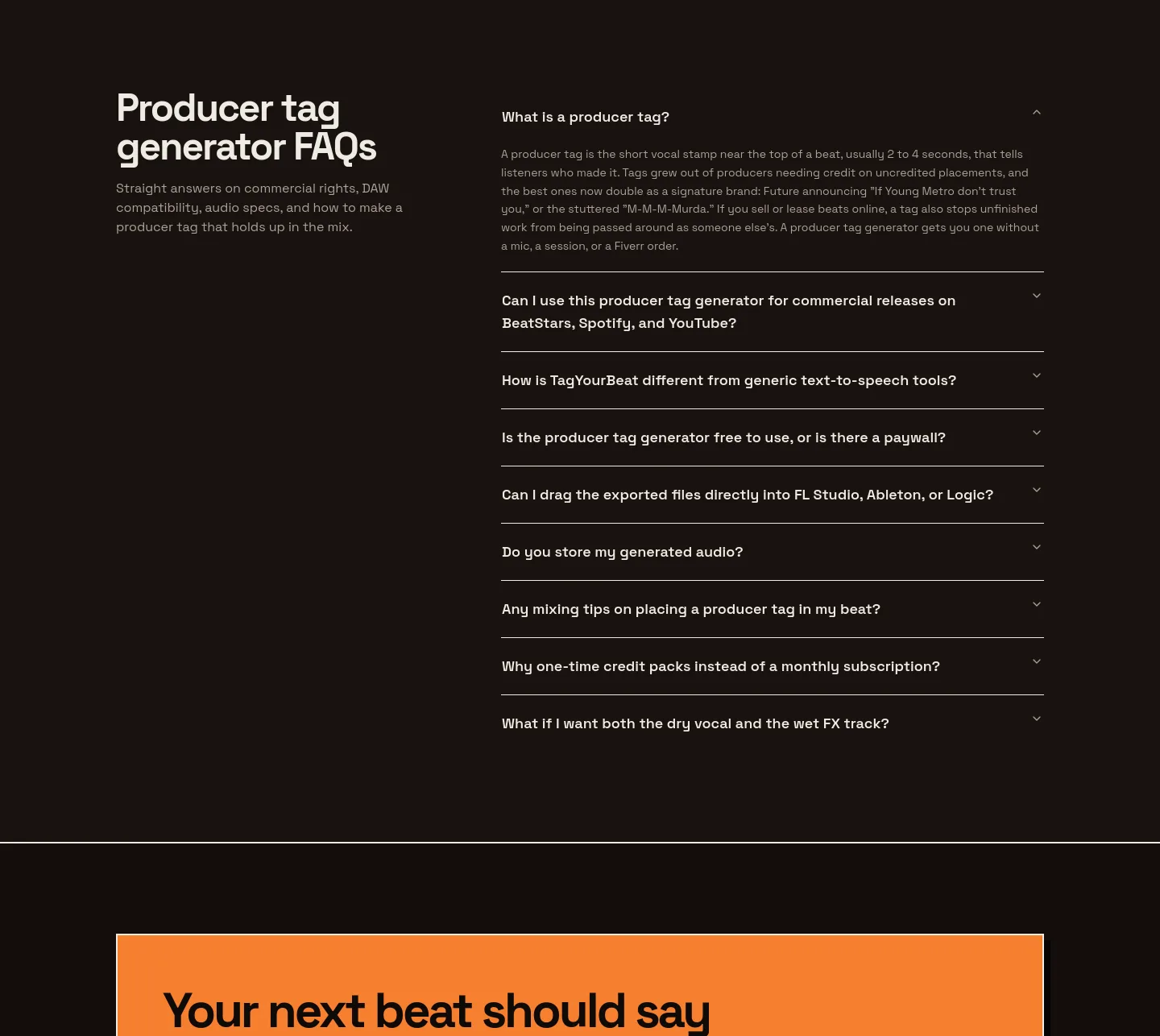 tagyourbeat.com — a real FAQ section