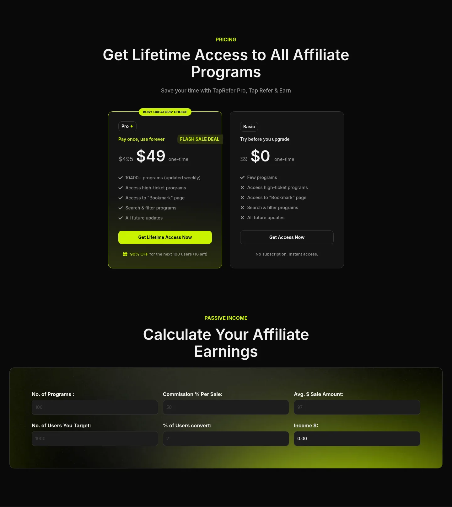 taprefer.com Pricing section