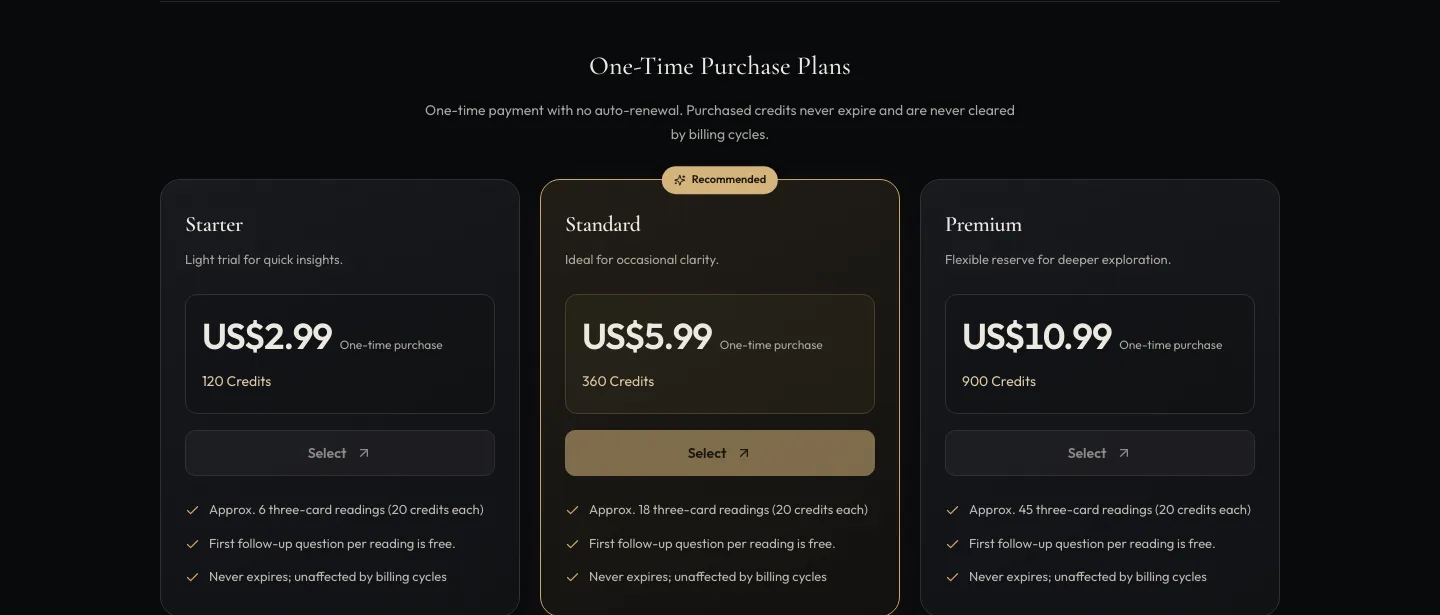 tarotai.chat — a real Pricing section