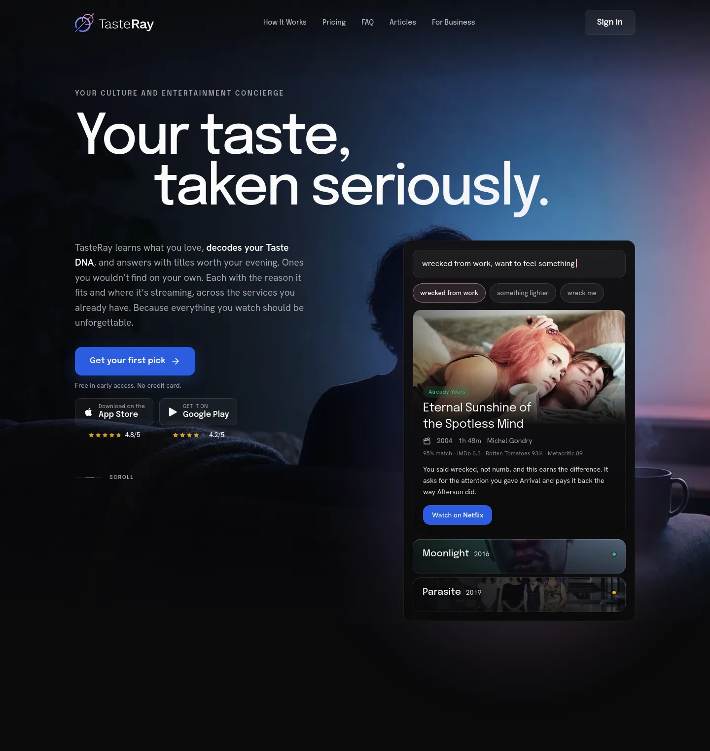 tasteray.com Hero section