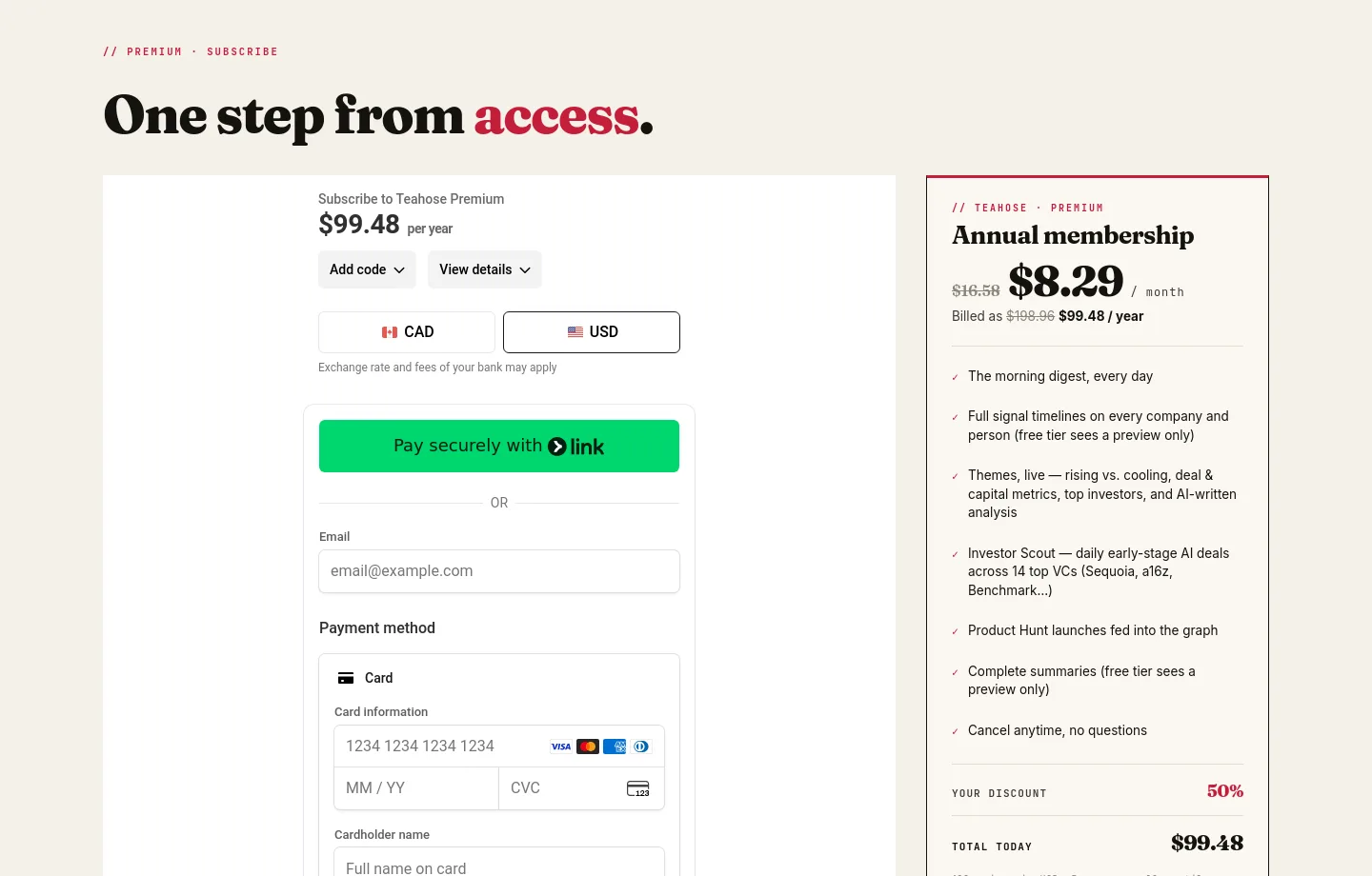 teahose.com Pricing section
