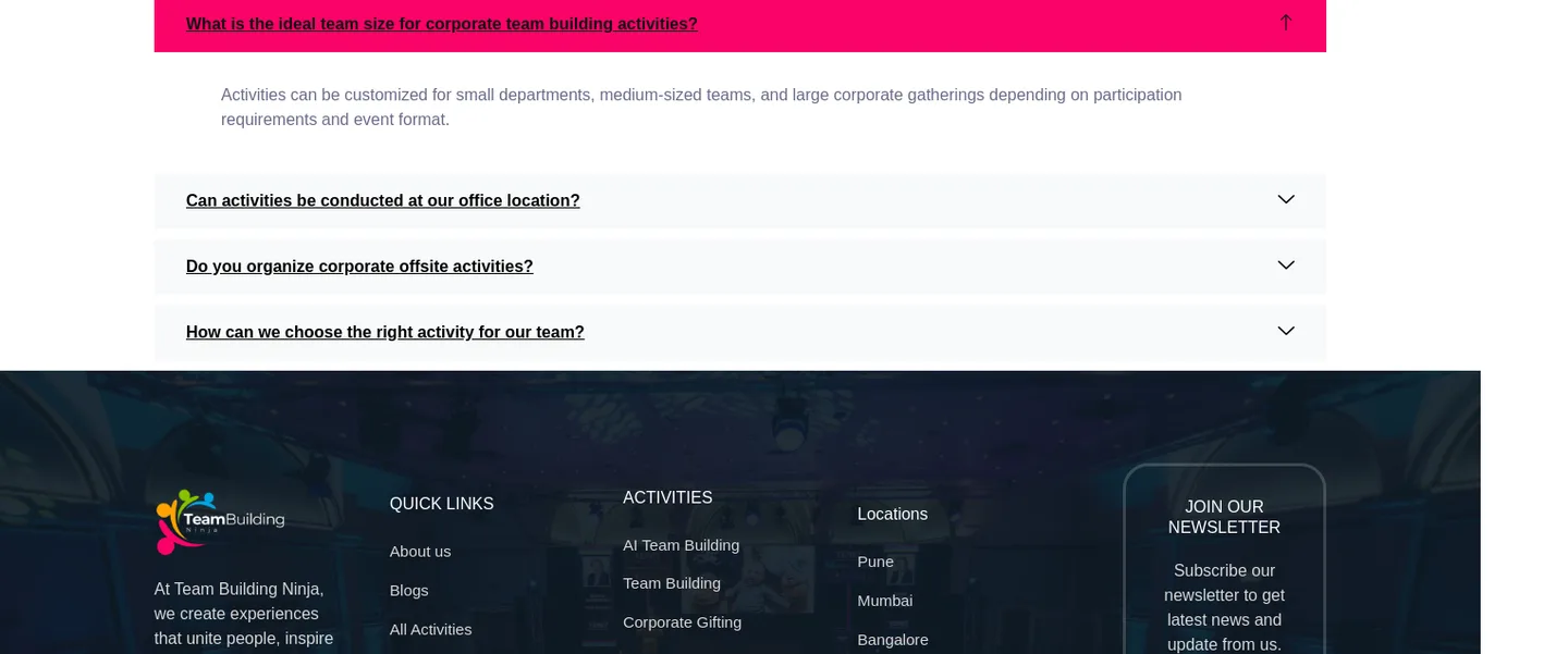 teambuildingninja.com — a real FAQ section