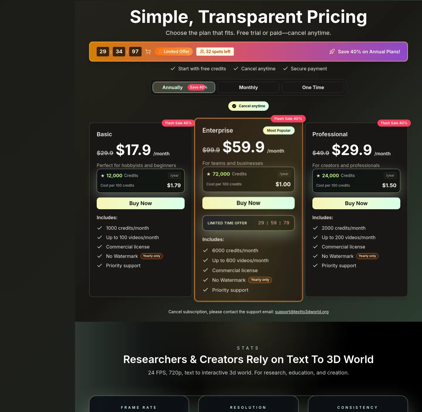 textto3dworld.org Pricing section
