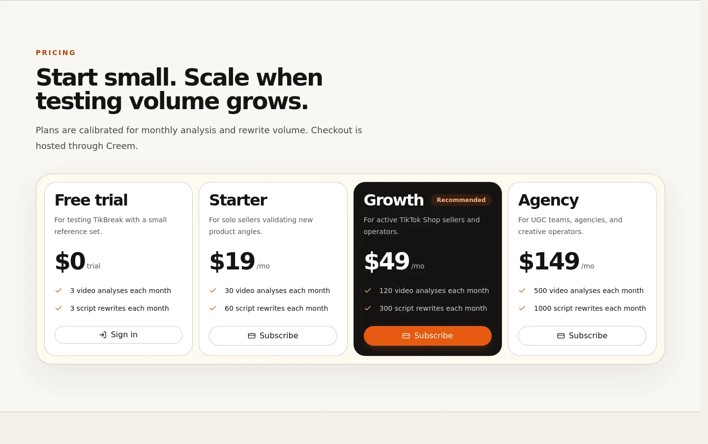 tikbreak.com — a real Pricing section
