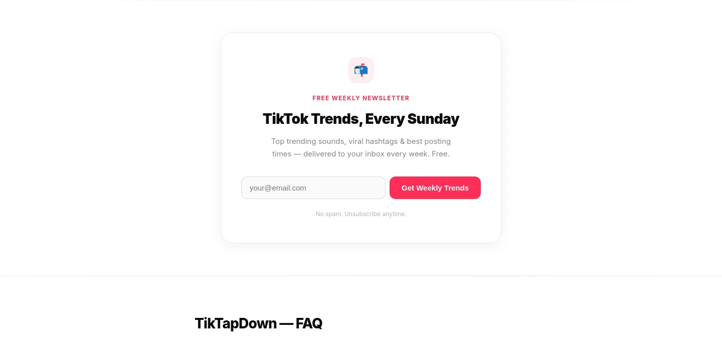 tiktapdown.com Email Capture section