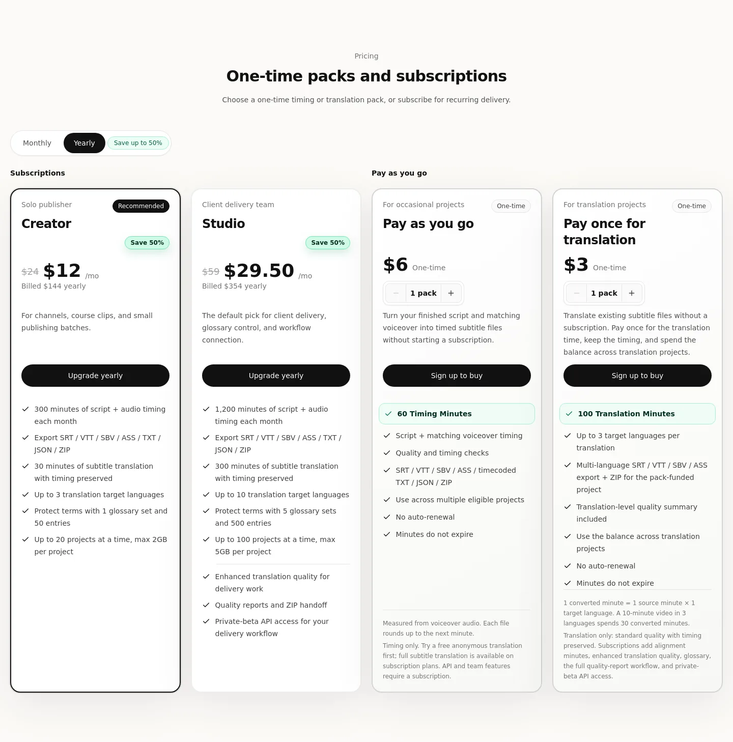 timedsubs.com Pricing section