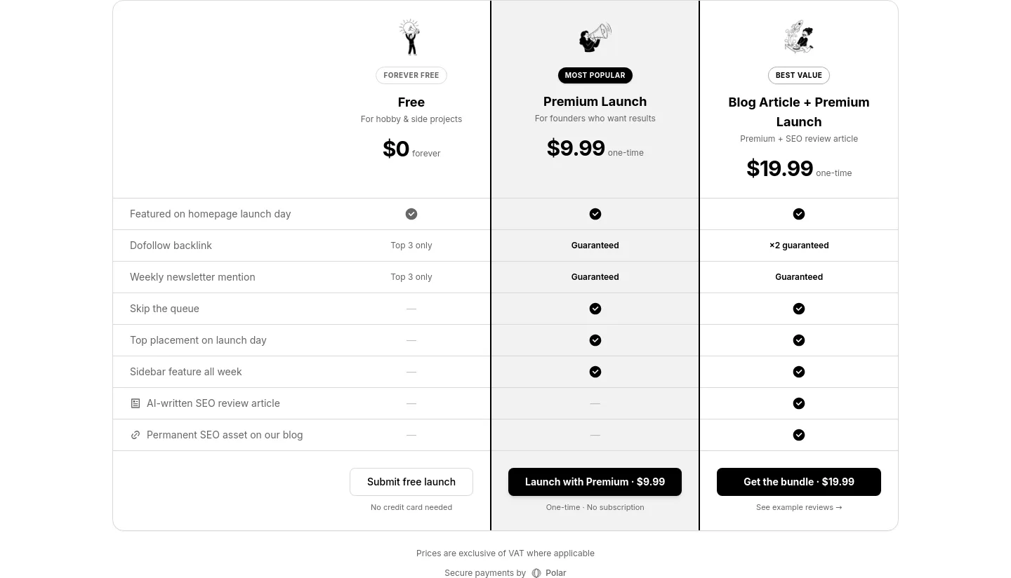tinylaunchpad.com Pricing section