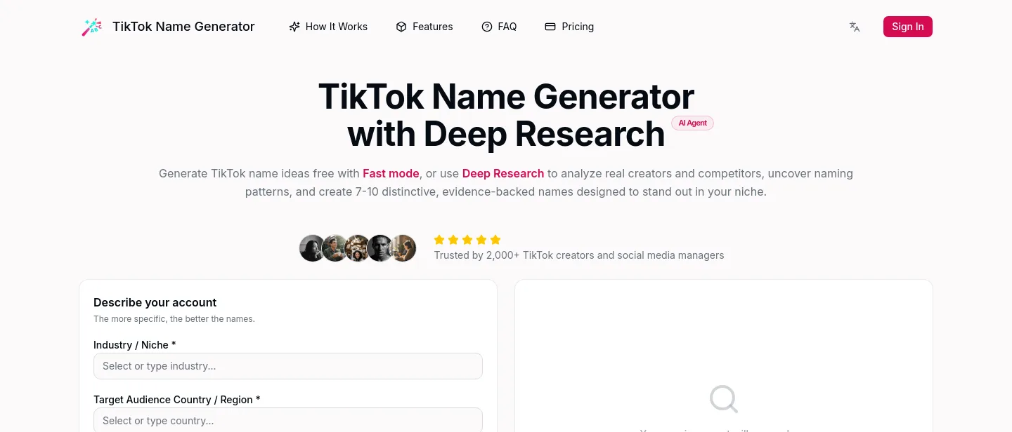 tknamegenerator.com — a real Hero section