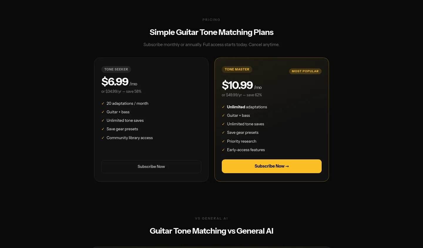 tonesmatch.com Pricing section