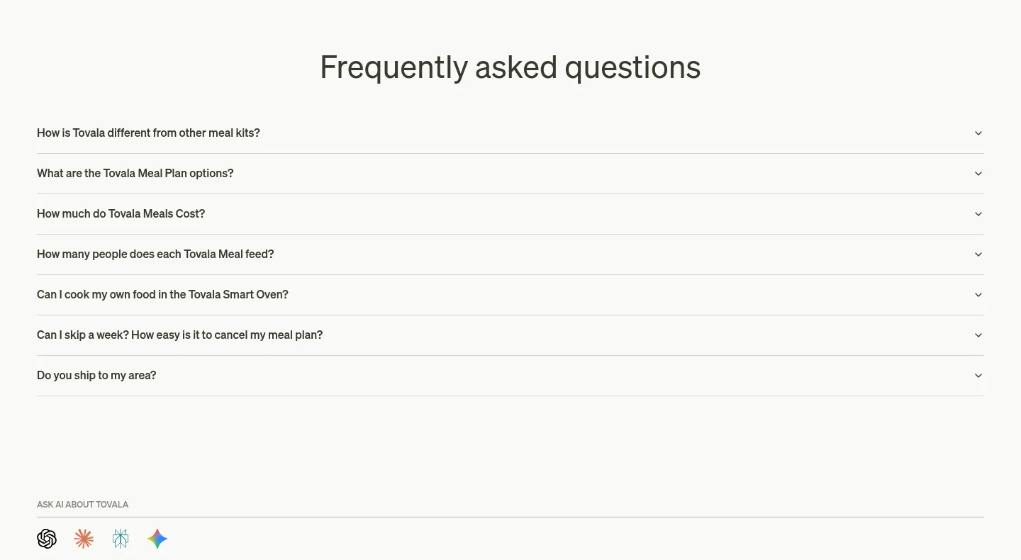 tovala.com FAQ section