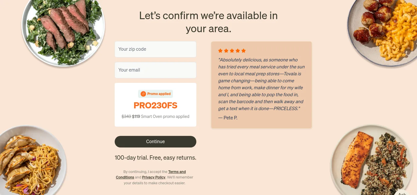 tovala.com Pricing section
