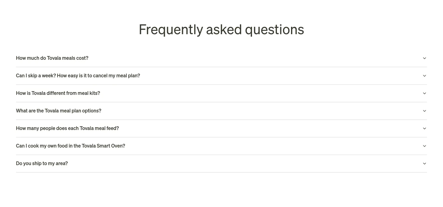 tovala.com — a real FAQ section