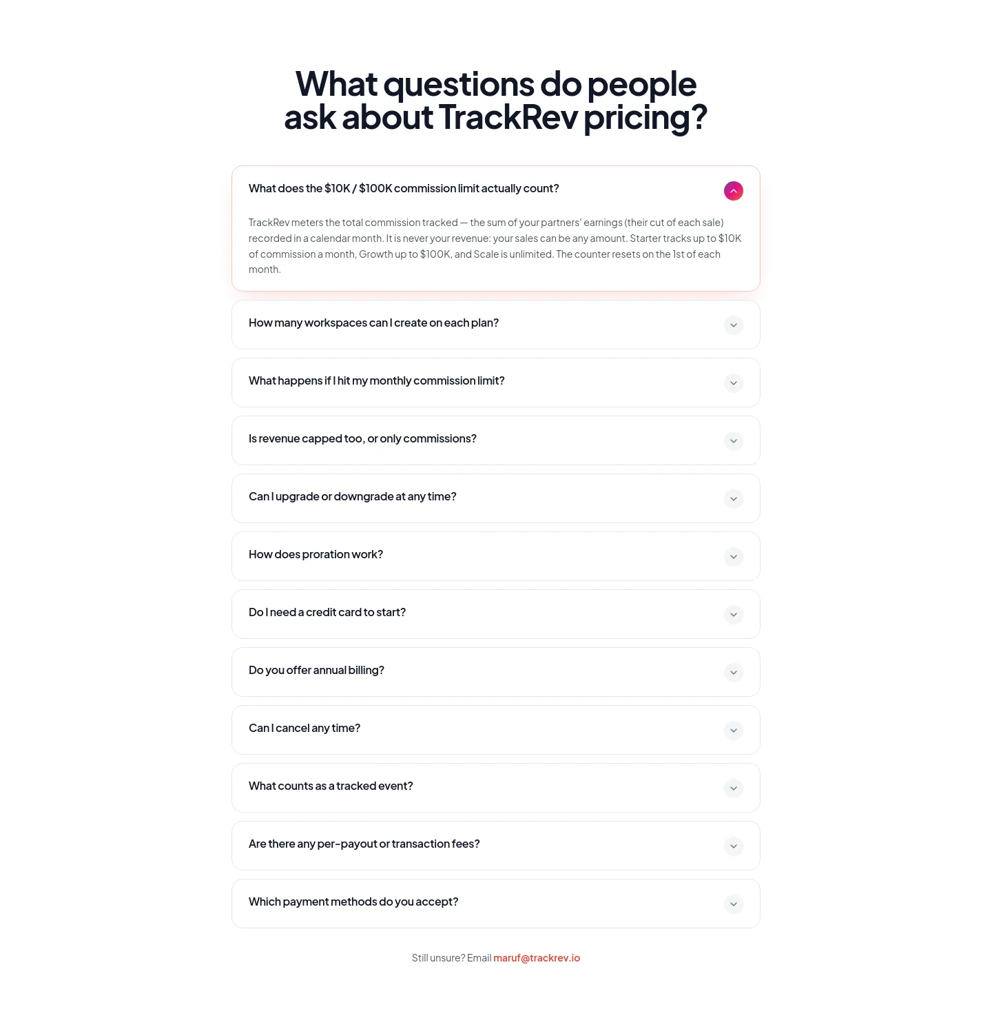 trackrev.io FAQ section
