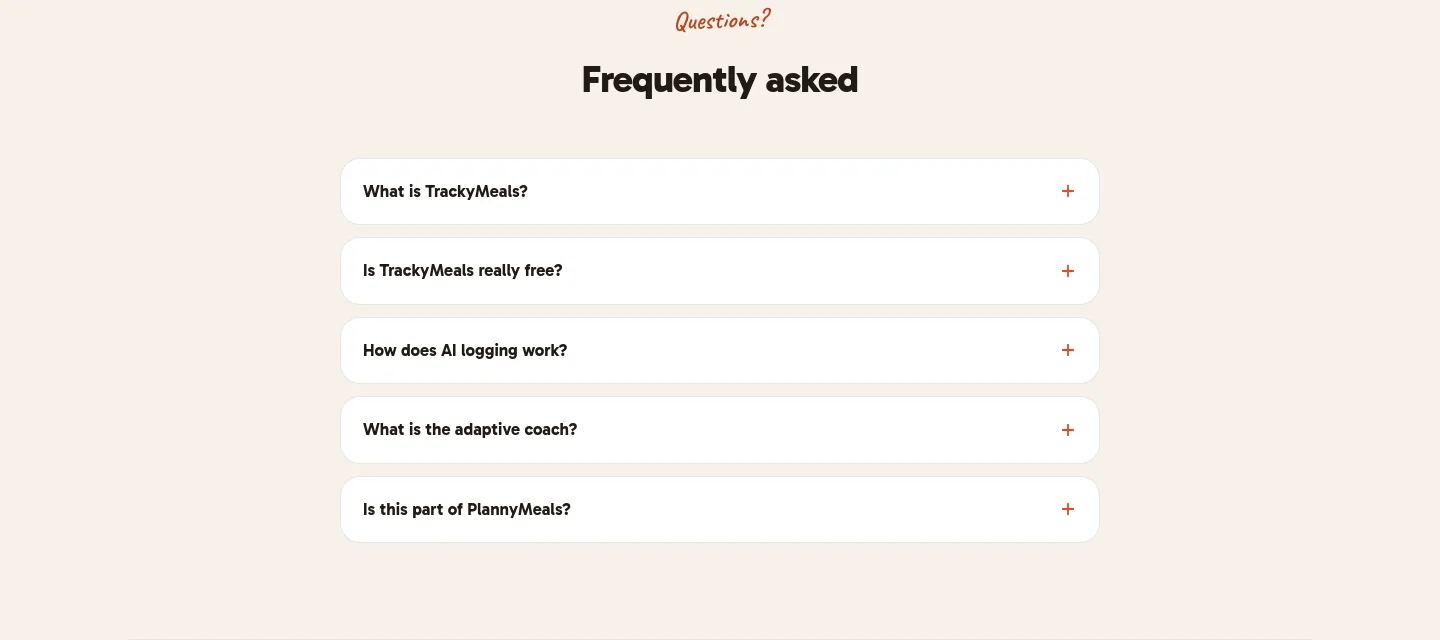 trackymeals.com — a real FAQ section
