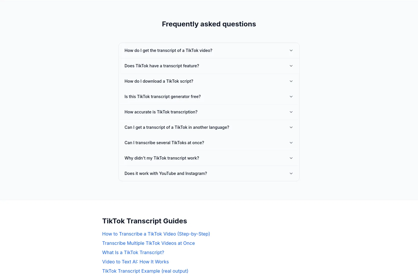 transcribevideo.ai — a real FAQ section