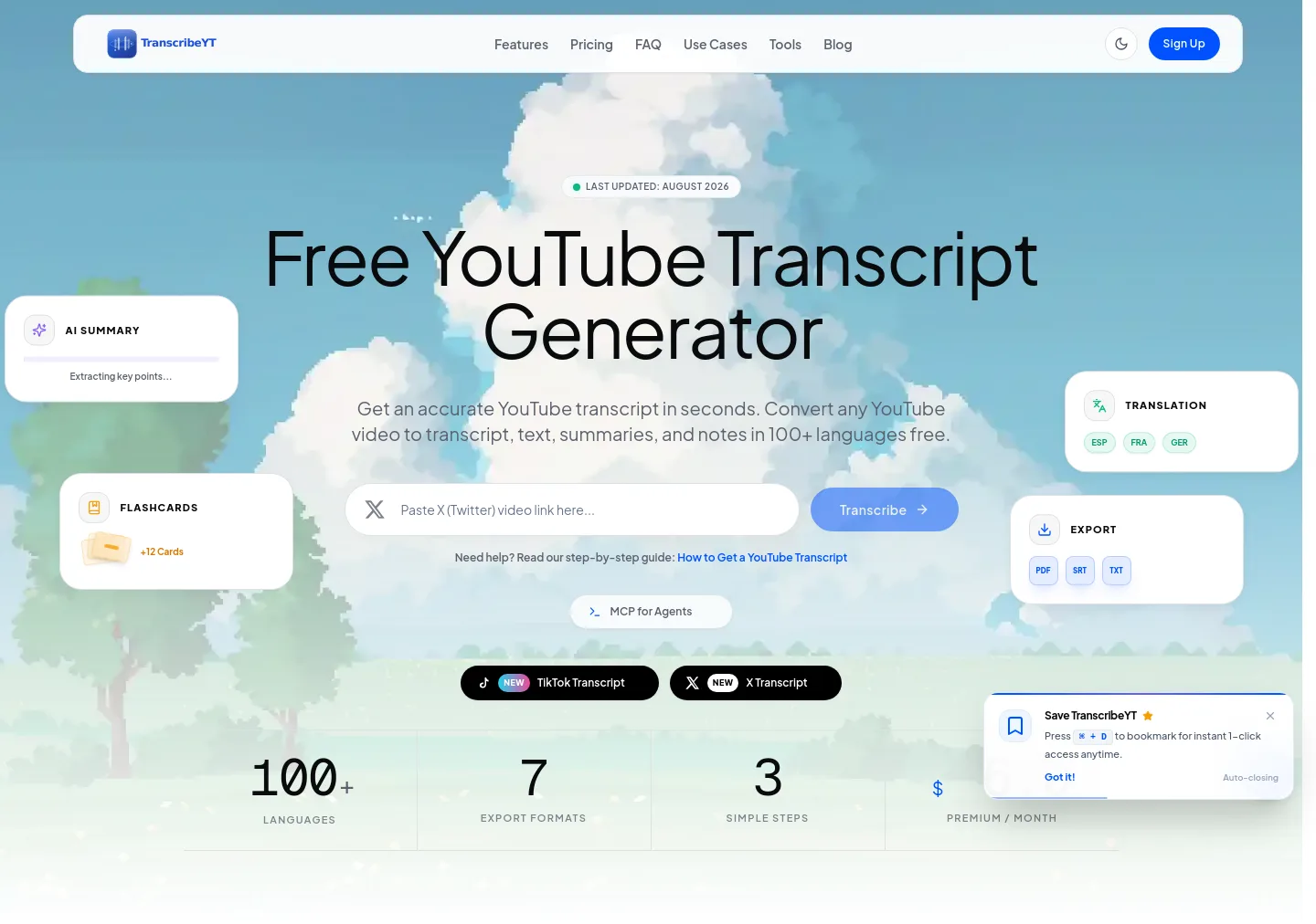 transcribeyt.com — a real Hero section