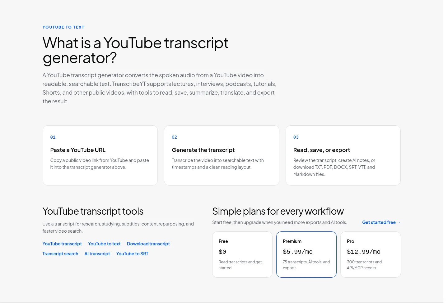transcribeyt.com Features section