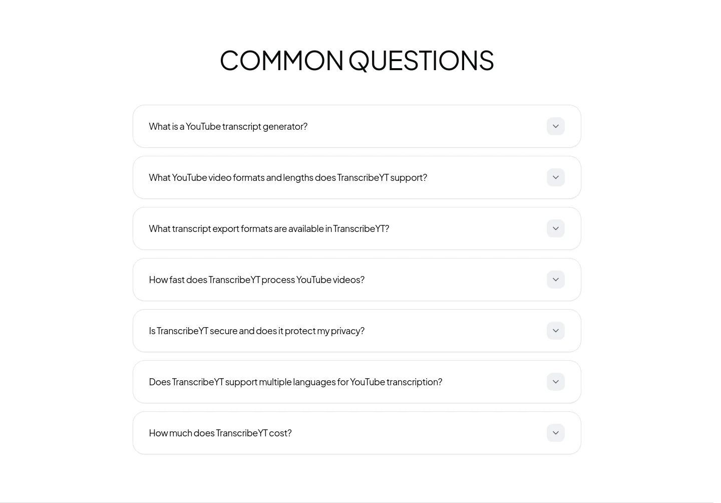 transcribeyt.com FAQ section