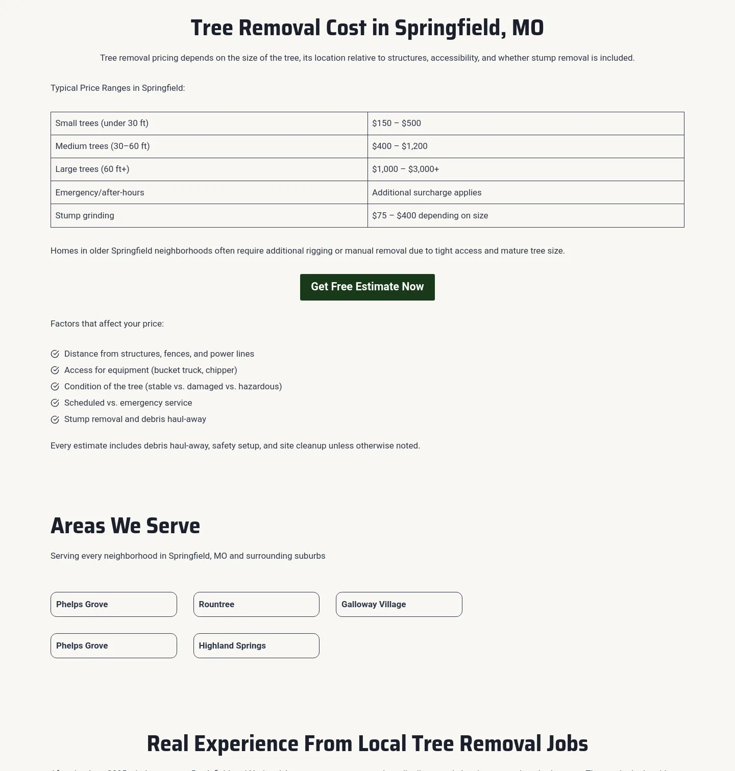 treeremovalinspringfield.com — a real Pricing section