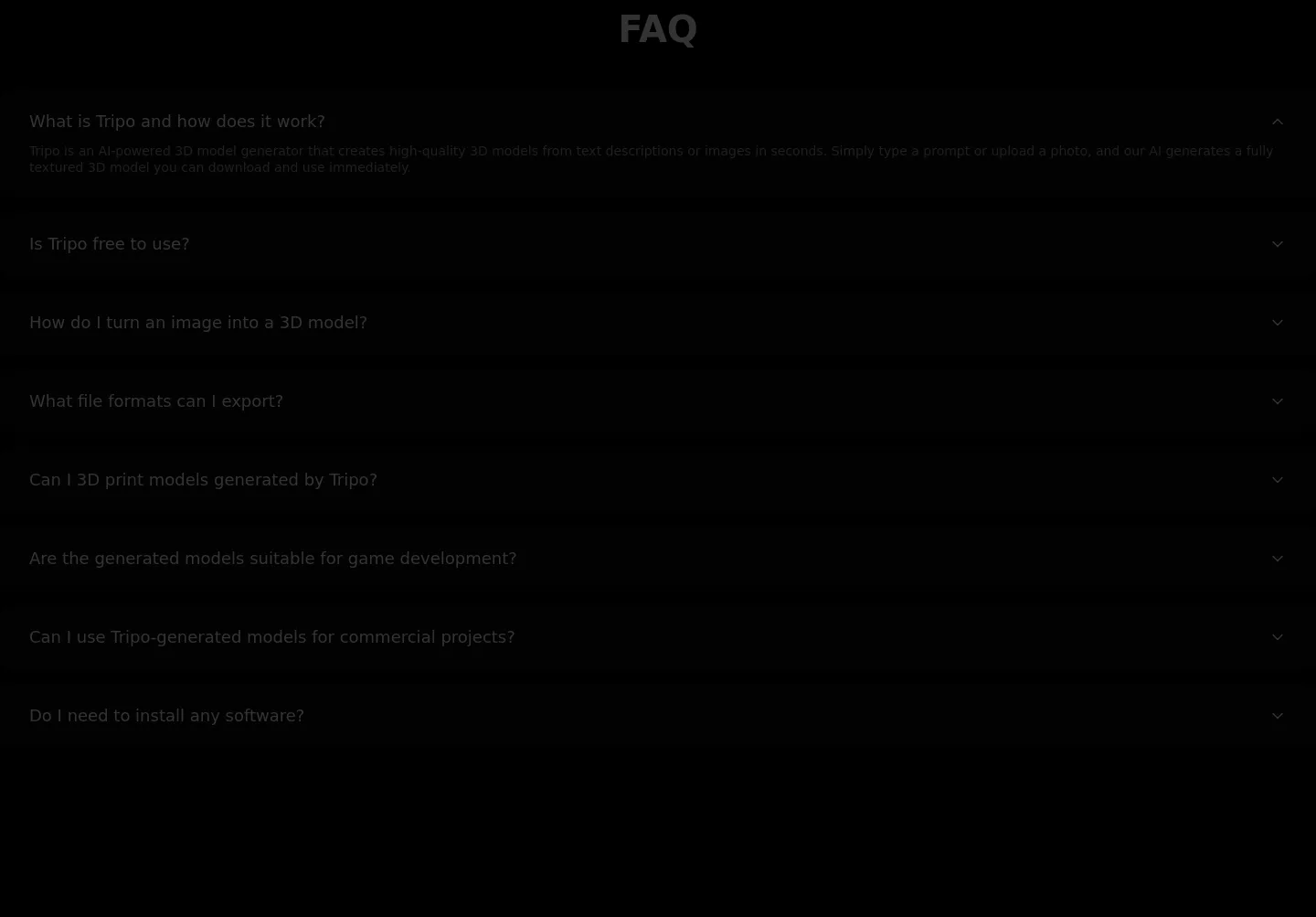 tripo3d.ai — a real FAQ section