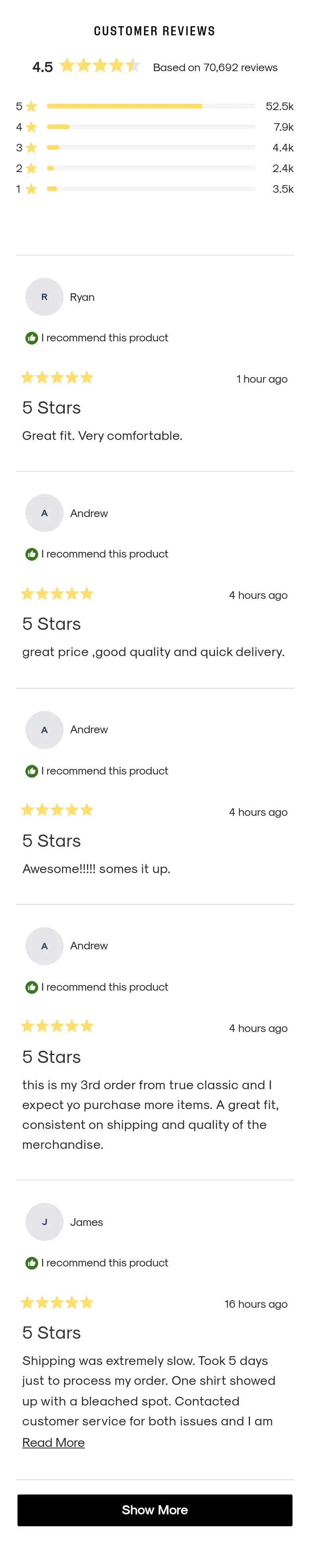 trueclassictees.com Reviews section