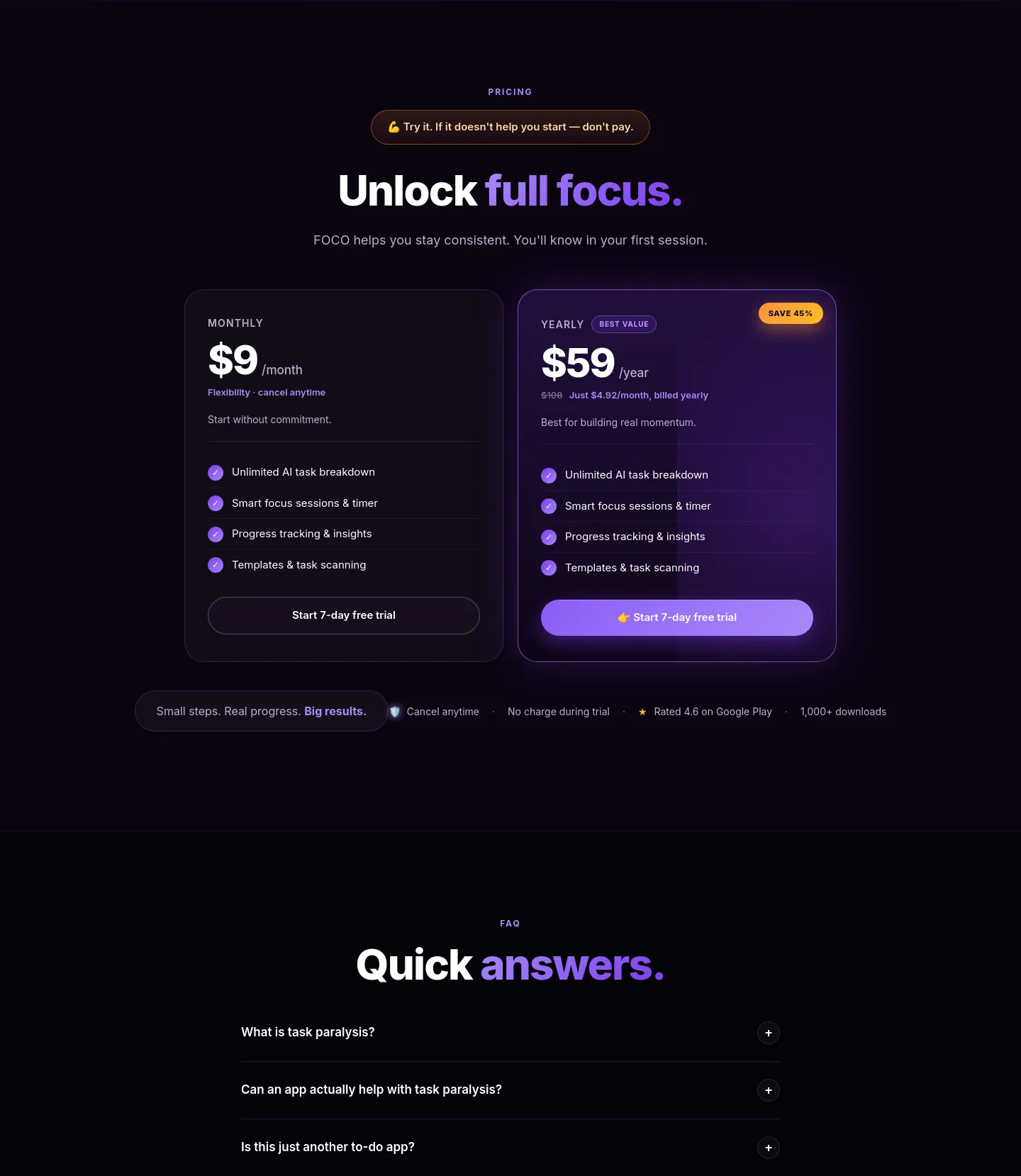 tryfoco.com Pricing section