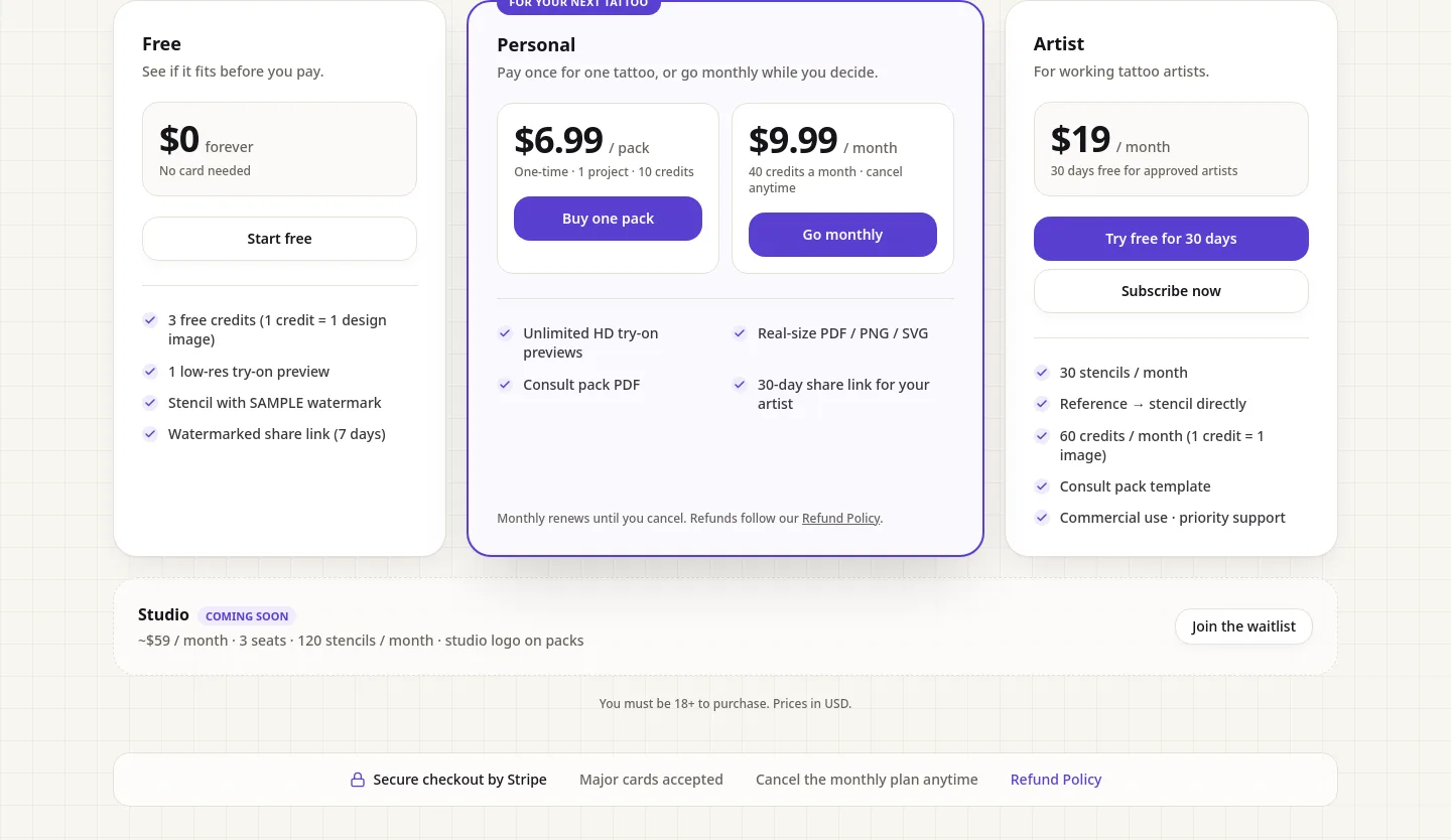 trystencil.org Pricing section