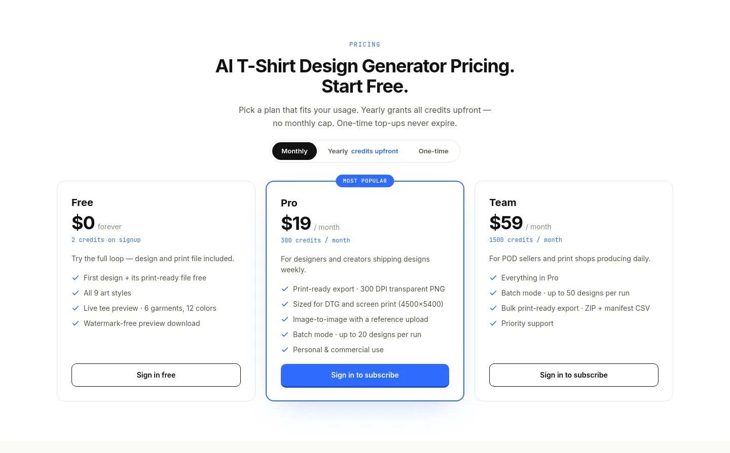 tshirtdesignai.com Pricing section