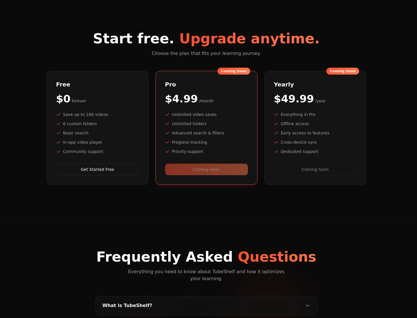 tubeshelf.app Pricing section