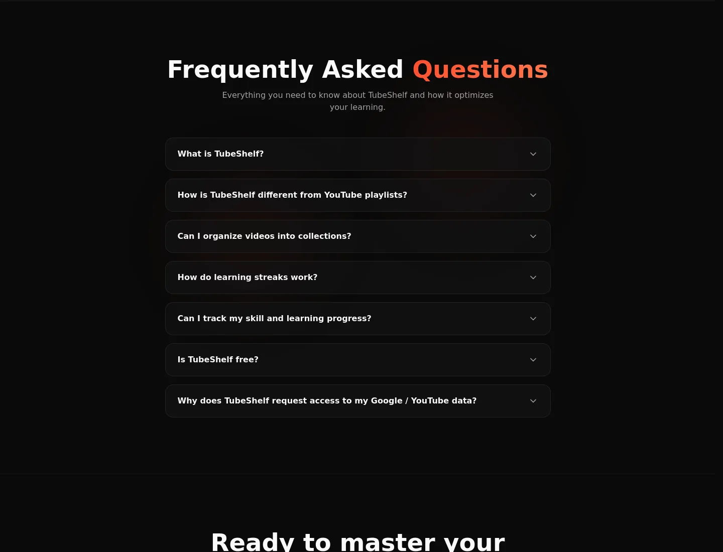 tubeshelf.app FAQ section